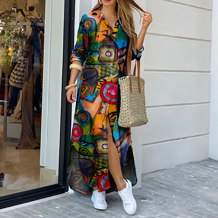 Women Elegant Button Up Abstract Print Maxi Shirt Dress | Marin