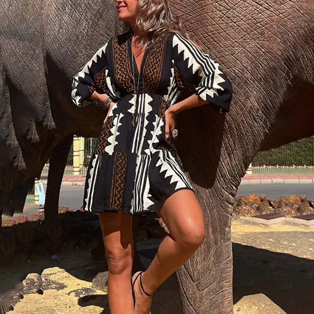 Women Bohemian Style Flared Mini Dress with Tribal Print | Leanna