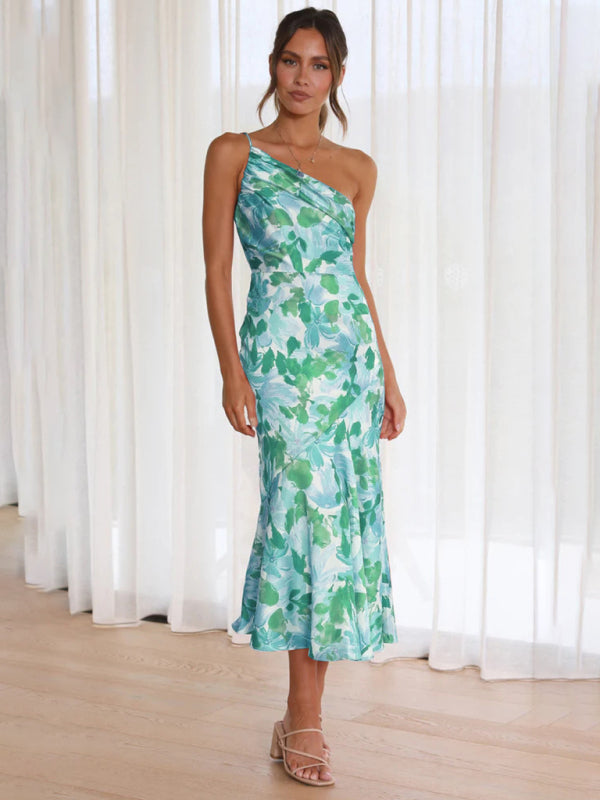 Women Asymmetrical Neckline Floral Print Midi Dress with Fishtail Hem | Alliah