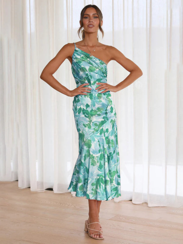 Women Asymmetrical Neckline Floral Print Midi Dress with Fishtail Hem | Alliah