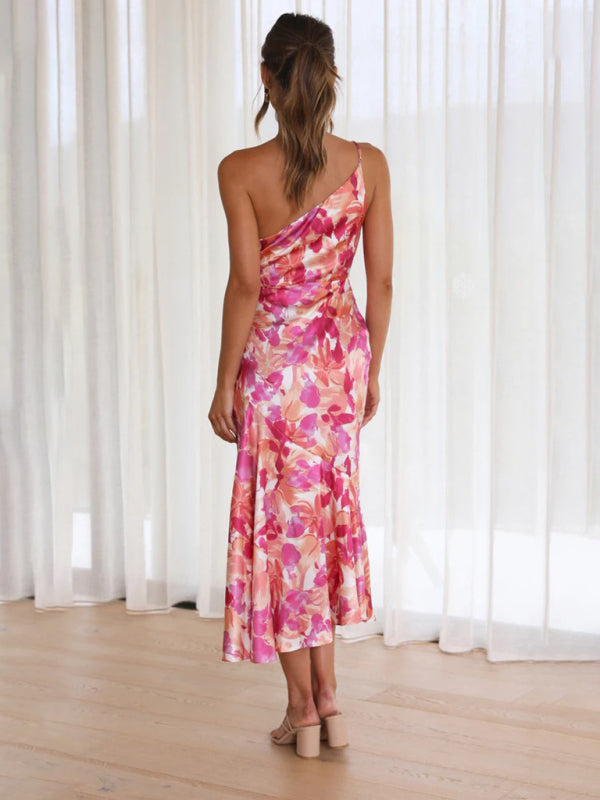Women Asymmetrical Neckline Floral Print Midi Dress with Fishtail Hem | Alliah