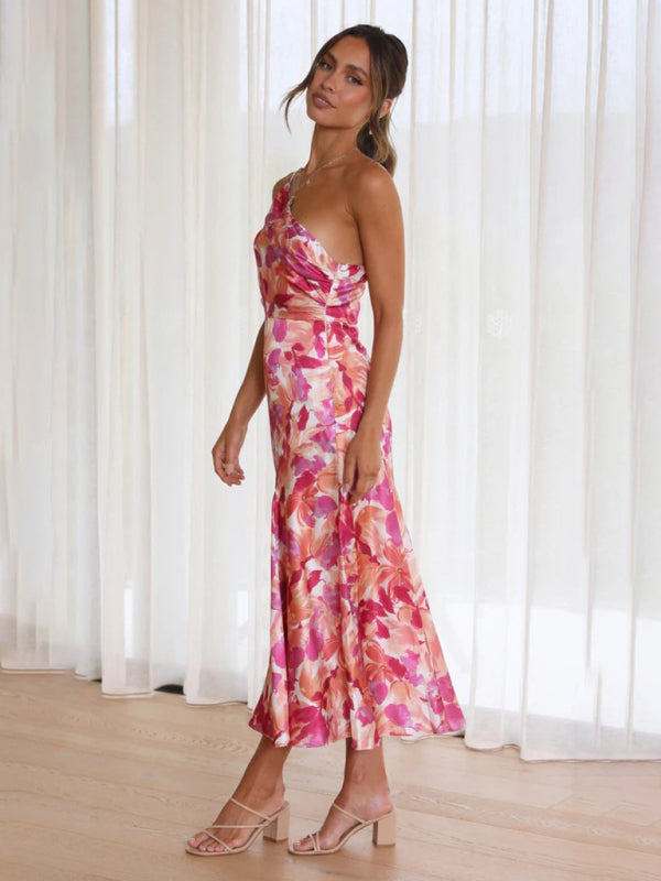 Women Asymmetrical Neckline Floral Print Midi Dress with Fishtail Hem | Alliah