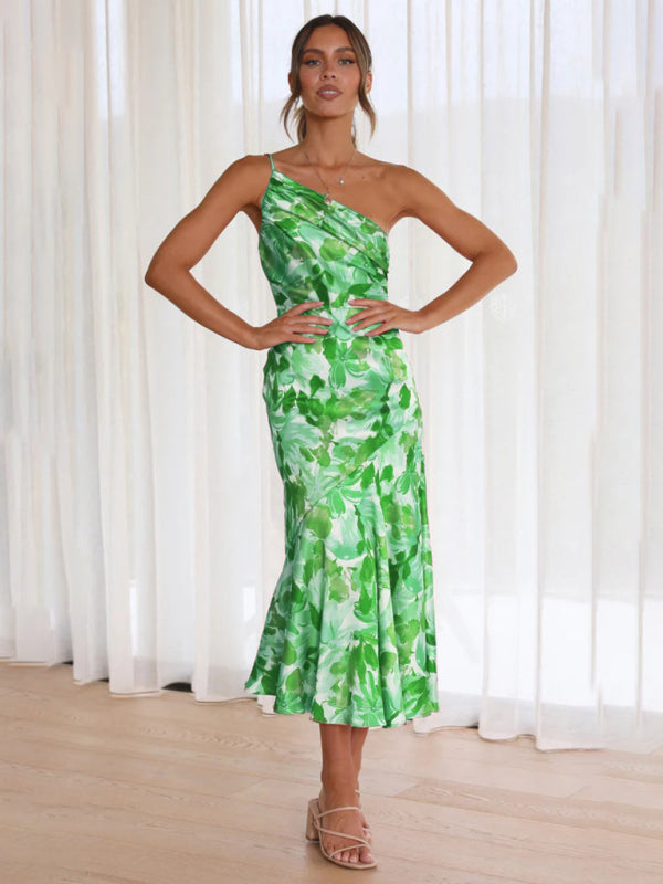 Women Asymmetrical Neckline Floral Print Midi Dress with Fishtail Hem | Alliah