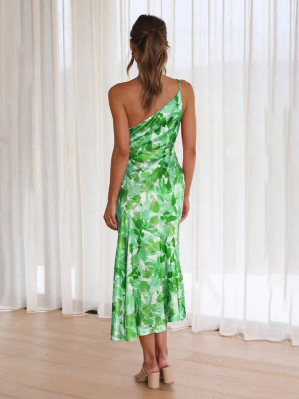 Women Asymmetrical Neckline Floral Print Midi Dress with Fishtail Hem | Alliah