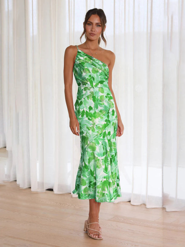 Women Asymmetrical Neckline Floral Print Midi Dress with Fishtail Hem | Alliah