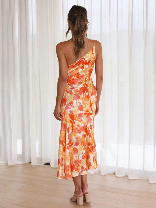 Women Asymmetrical Neckline Floral Print Midi Dress with Fishtail Hem | Alliah