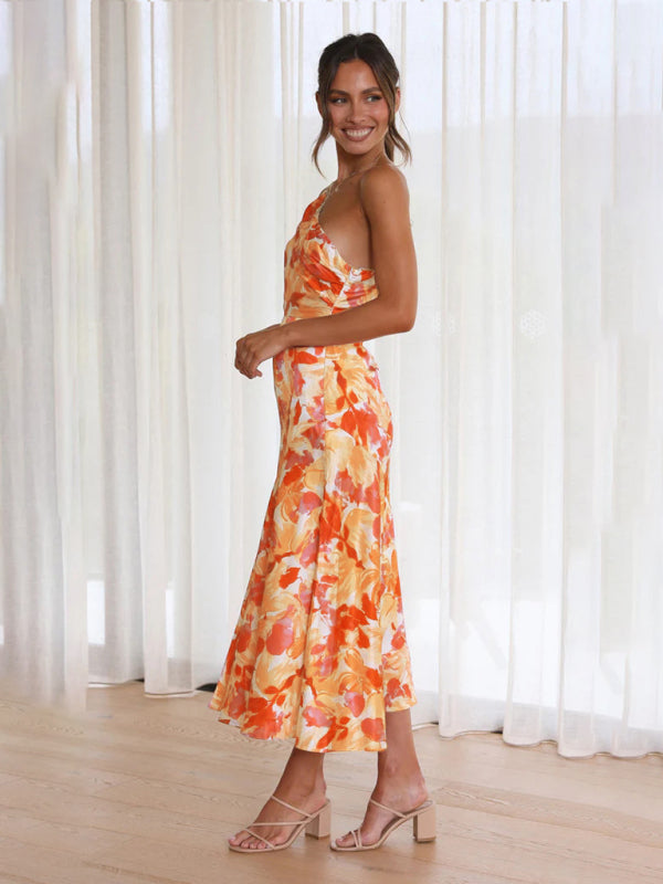 Women Asymmetrical Neckline Floral Print Midi Dress with Fishtail Hem | Alliah