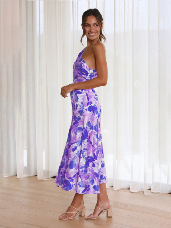 Women Asymmetrical Neckline Floral Print Midi Dress with Fishtail Hem | Alliah