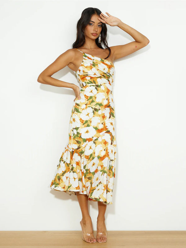 Women Asymmetrical Neckline Floral Print Midi Dress with Fishtail Hem | Alliah
