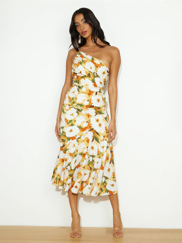 Women Asymmetrical Neckline Floral Print Midi Dress with Fishtail Hem | Alliah