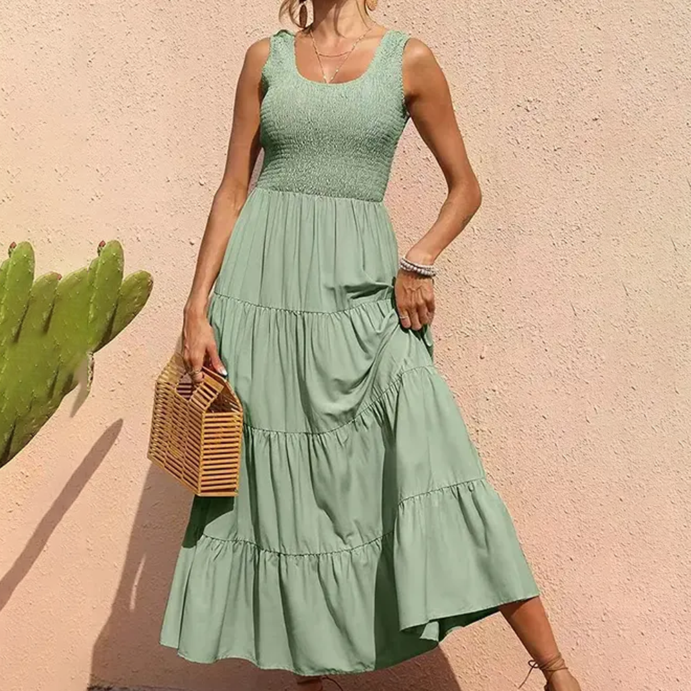 Women Smocked Bodice Tiered Maxi Dress | Hannah