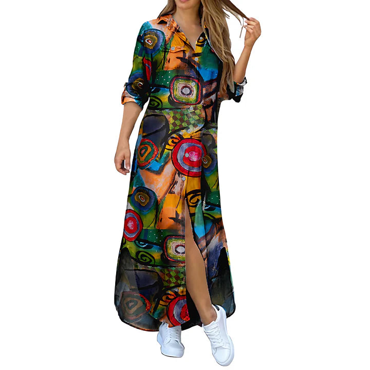 Women Elegant Button Up Abstract Print Maxi Shirt Dress | Marin