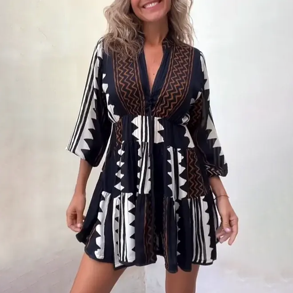 Women Bohemian Style Flared Mini Dress with Tribal Print | Leanna