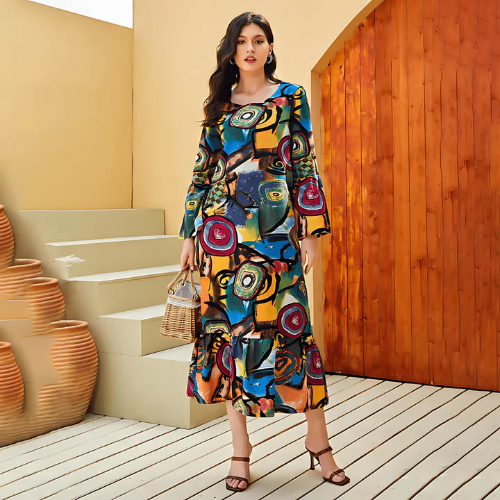 Women Elegant Button Up Abstract Print Maxi Shirt Dress | Marin