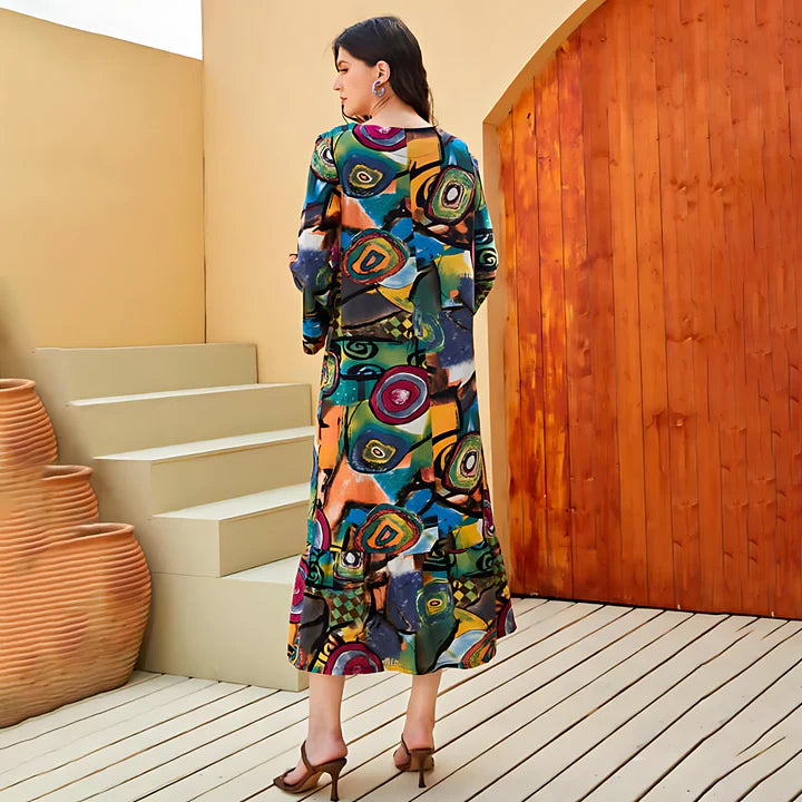 Women Elegant Button Up Abstract Print Maxi Shirt Dress | Marin