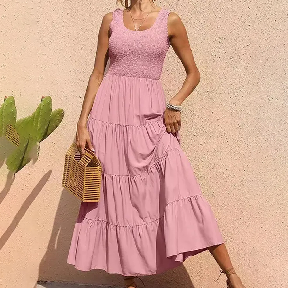 Women Smocked Bodice Tiered Maxi Dress | Hannah