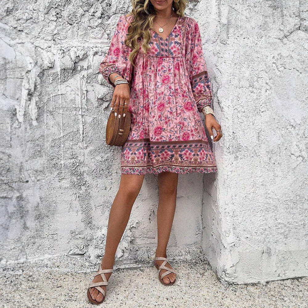 Women Bohemian Floral Tunic Dress with V-Neckline | Mea
