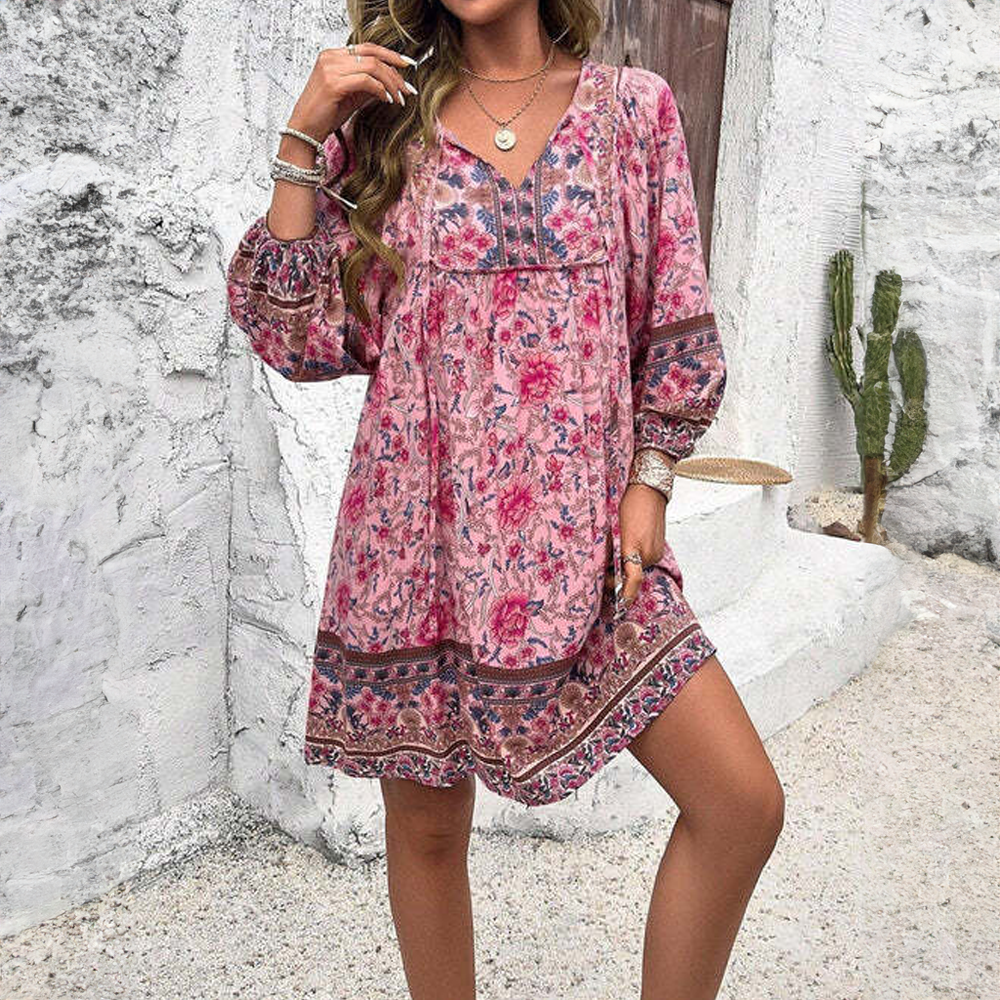 Women Bohemian Floral Tunic Dress with V-Neckline | Mea