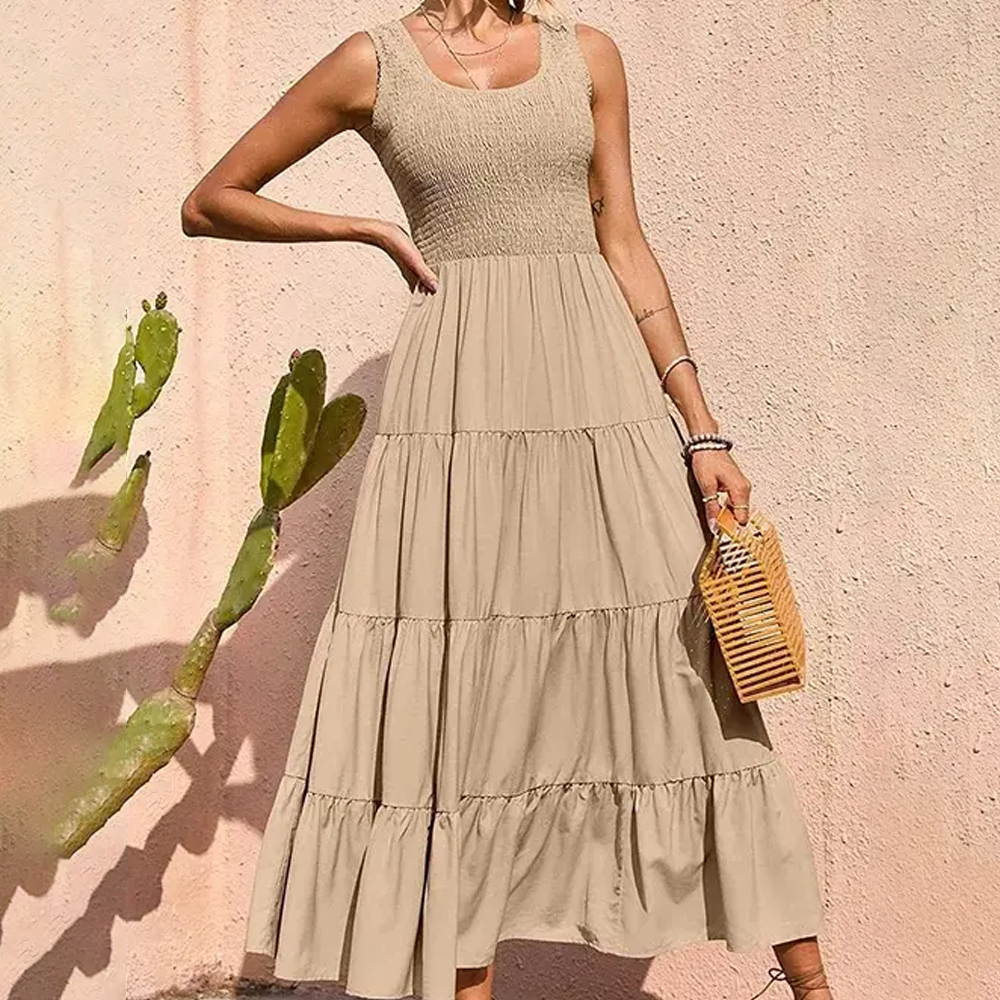 Women Smocked Bodice Tiered Maxi Dress | Hannah