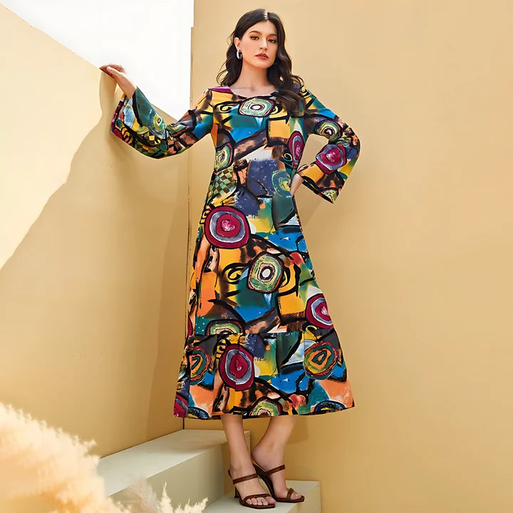 Women Elegant Button Up Abstract Print Maxi Shirt Dress | Marin