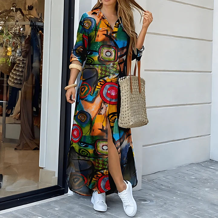 Women Elegant Button Up Abstract Print Maxi Shirt Dress | Marin