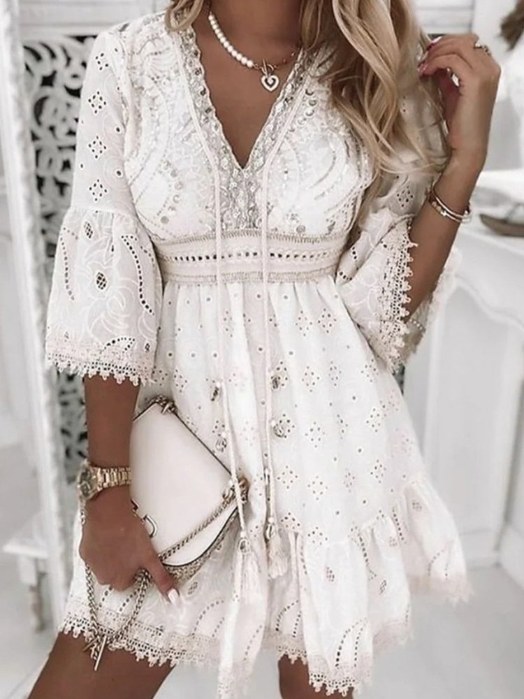 Women Boho Lace Flare Sleeve Dress | Rahel
