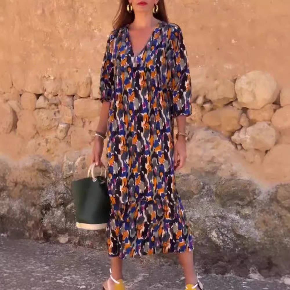 Women Retro Print V-Neck Dress | Katherine