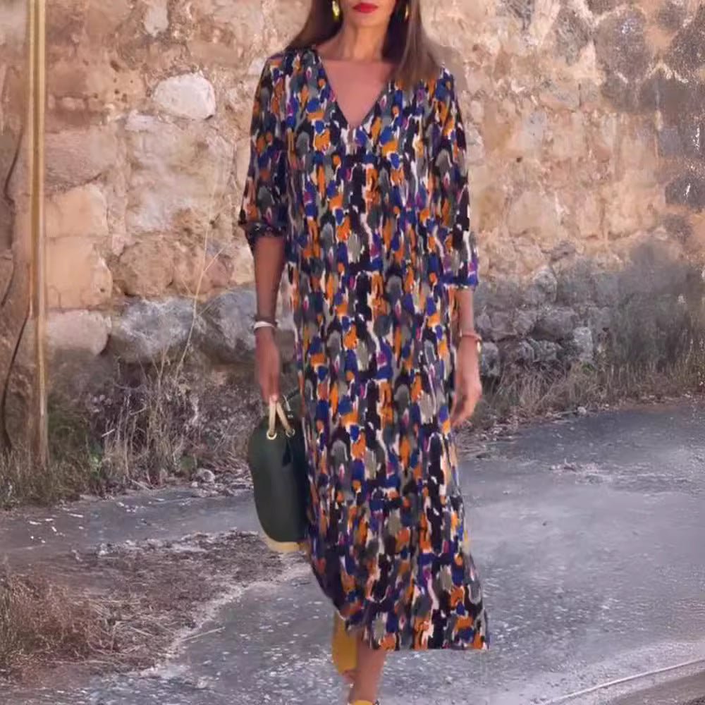 Women Retro Print V-Neck Dress | Katherine