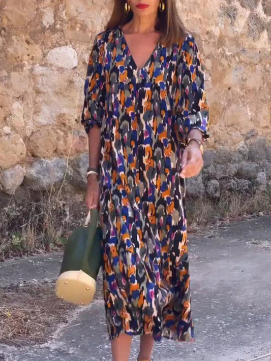 Women Retro Print V-Neck Dress | Katherine