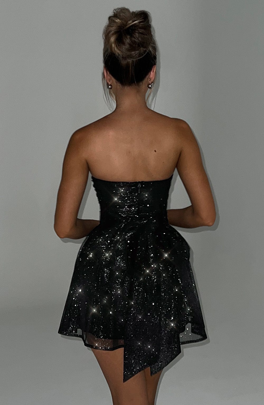 Women Strapless Glitter Mini Dress with Flared Skirt | Isabelle