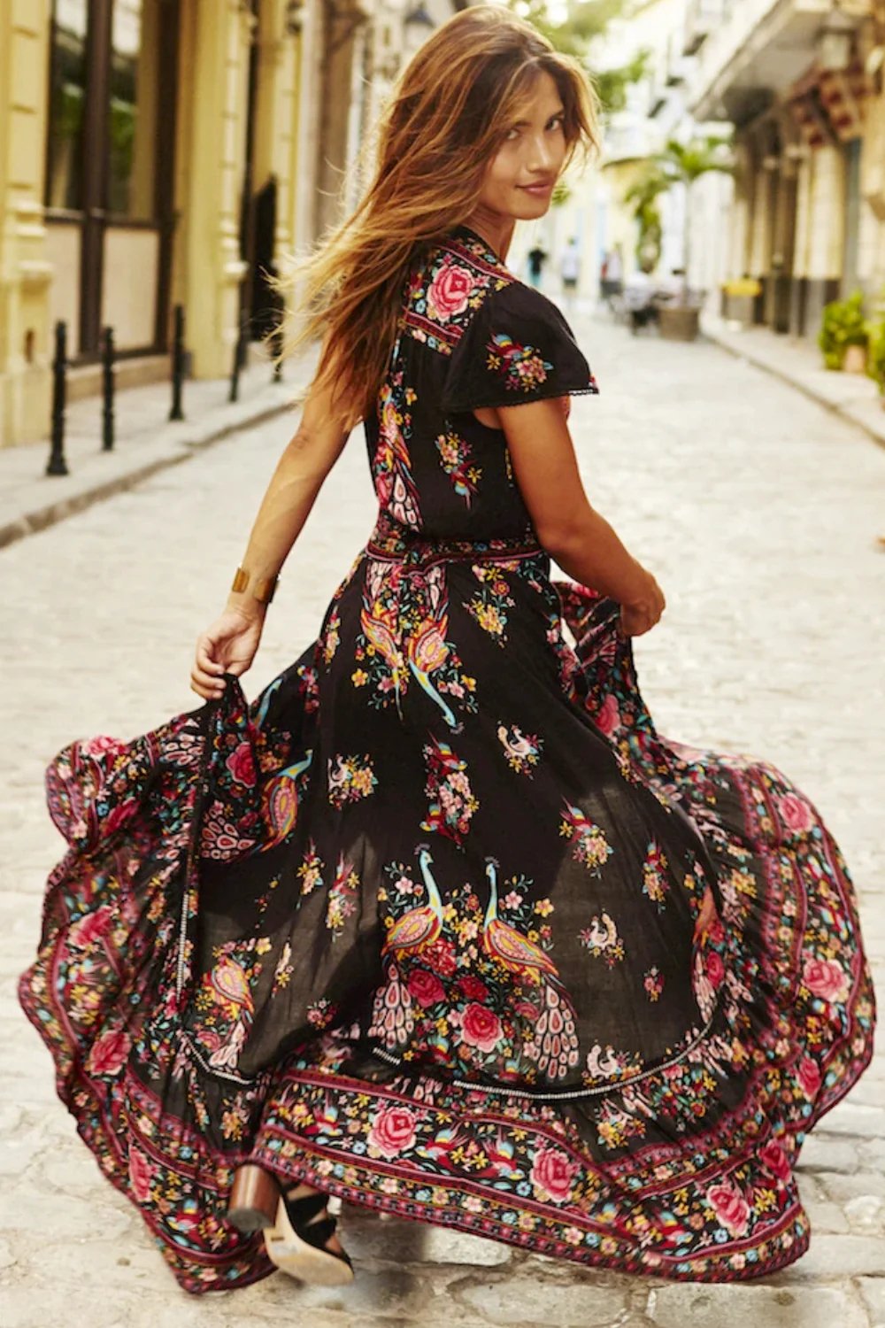 Women Black Boho Chic Floral Dress | Mia
