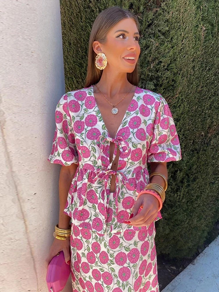 Women Floral Puff-Sleeve Tie-Front Midi Dress | Callista