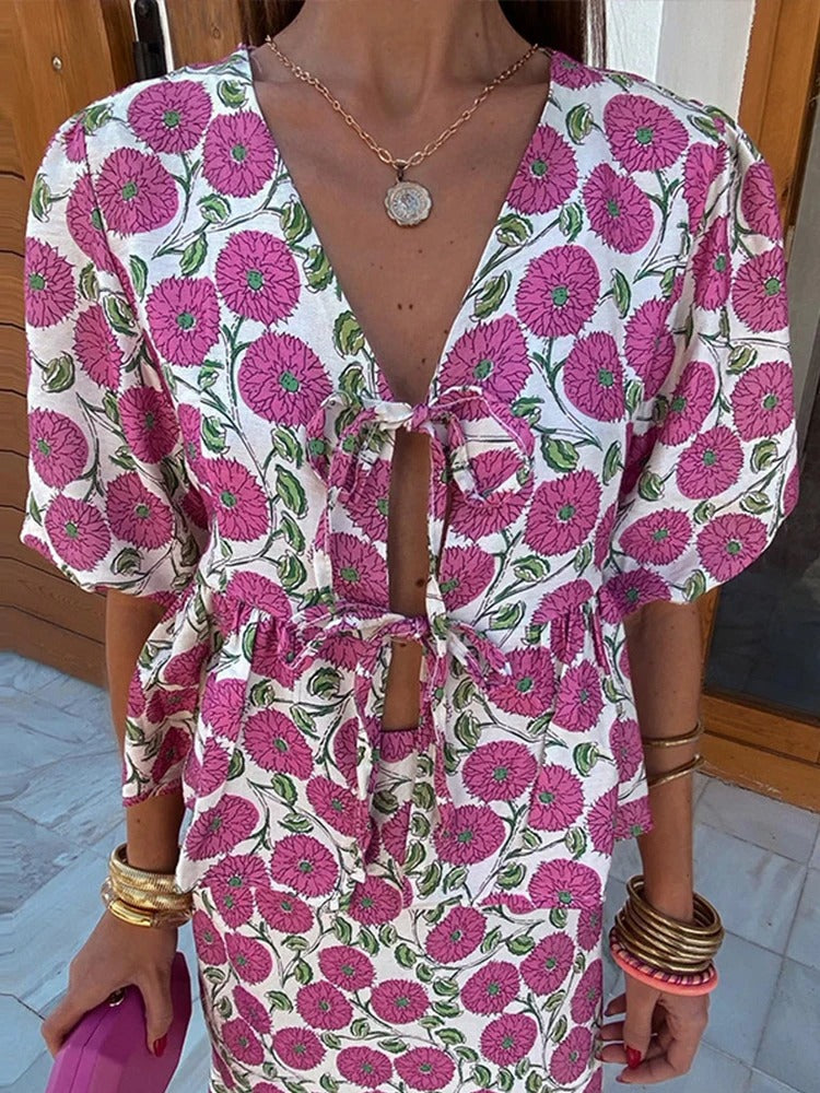 Women Floral Puff-Sleeve Tie-Front Midi Dress | Callista