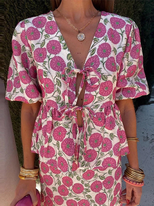 Women Floral Puff-Sleeve Tie-Front Midi Dress | Callista