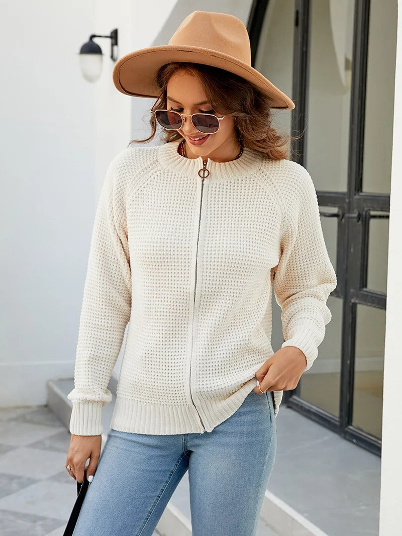 Women Waffle Knit Zip-Up Cardigan | Ryleigh