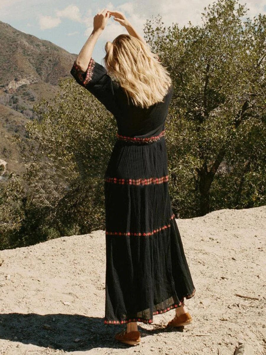 Women Bohemian Embroidered Tiered Maxi Dress with Flared Sleeves | Elsa
