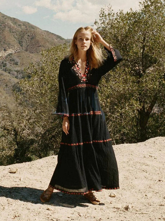 Women Bohemian Embroidered Tiered Maxi Dress with Flared Sleeves | Elsa