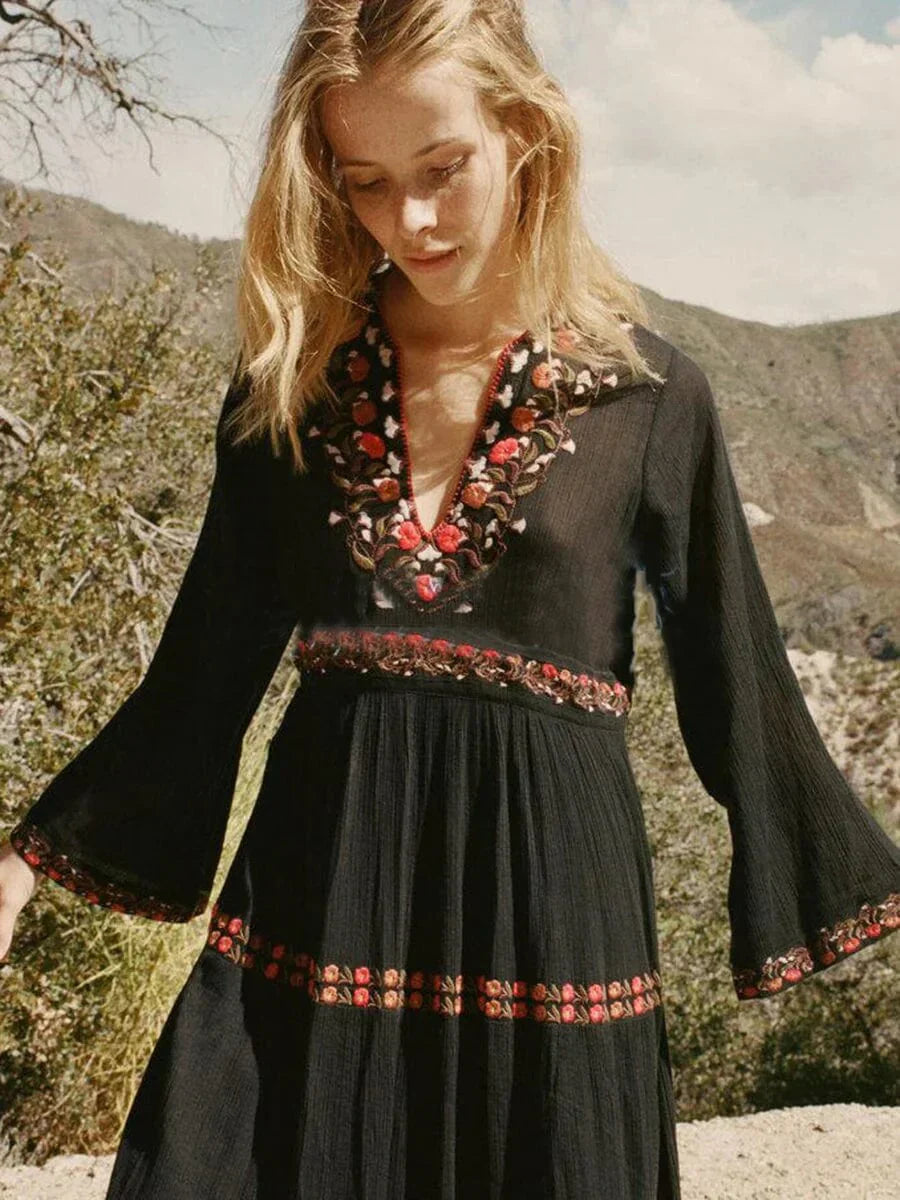 Women Bohemian Embroidered Tiered Maxi Dress with Flared Sleeves | Elsa