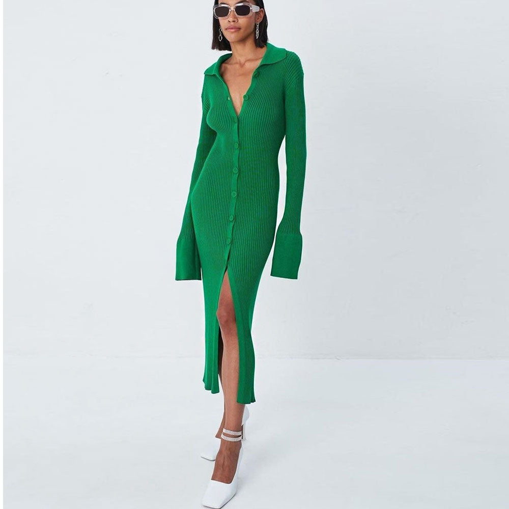 Women Ribbed Knit Collared Button Midi Dress | Jessalyn