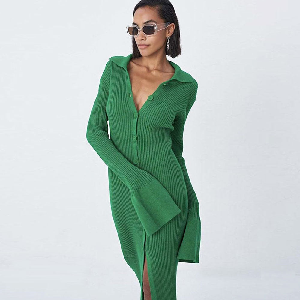 Women Ribbed Knit Collared Button Midi Dress | Jessalyn