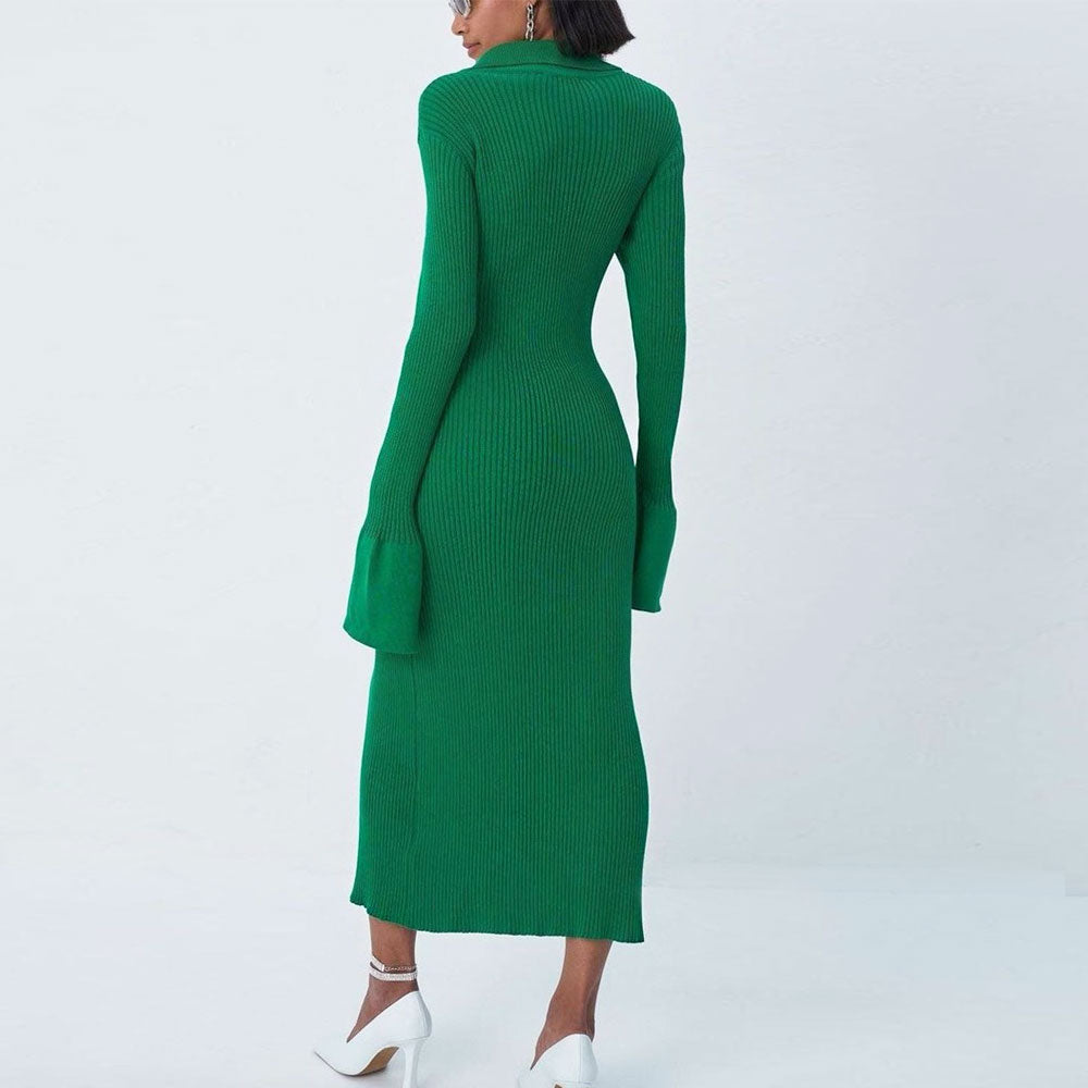 Women Ribbed Knit Collared Button Midi Dress | Jessalyn