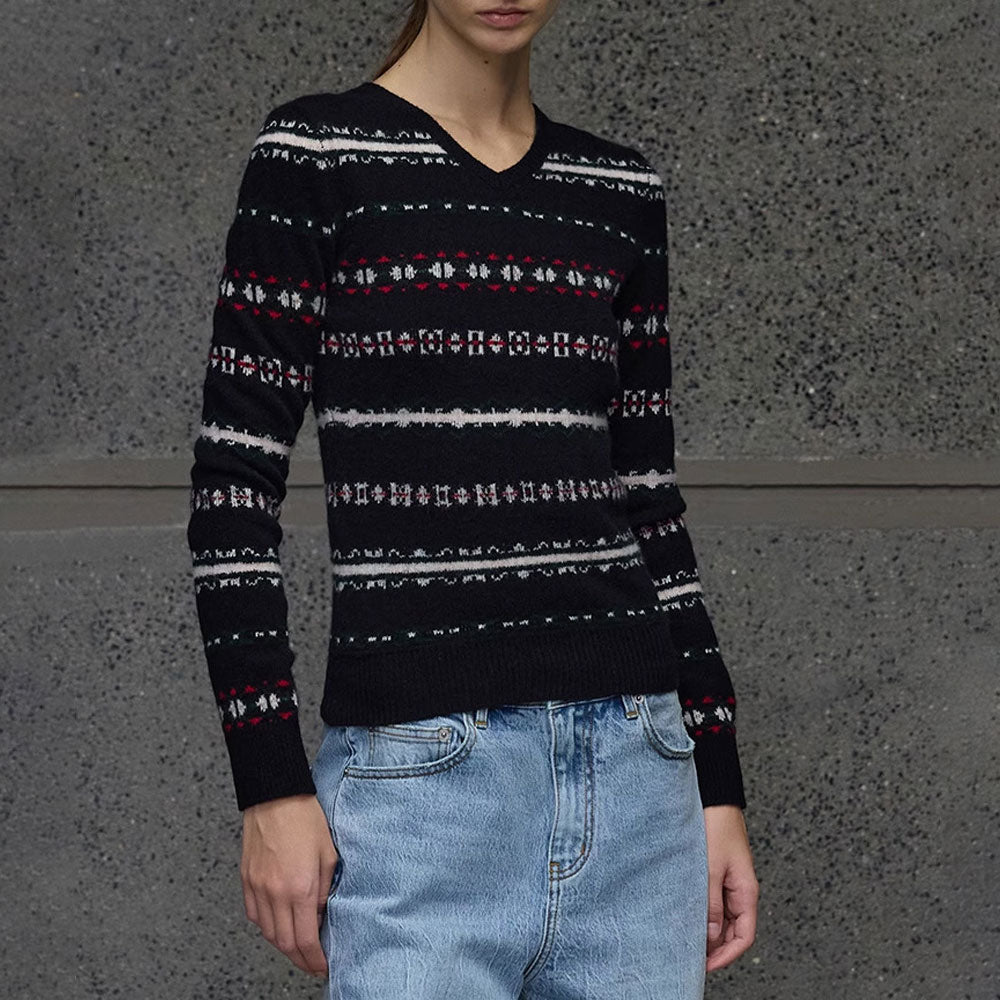 Women Fair Isle V-Neck Fitted Knit Sweater | Genira