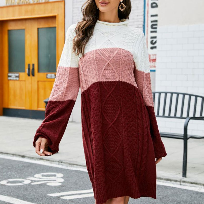 Women Colorblock Cable Knit Sweater Mini Dress | Narella