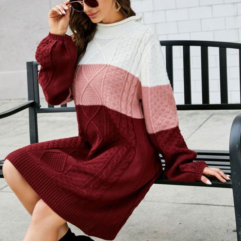 Women Colorblock Cable Knit Sweater Mini Dress | Narella