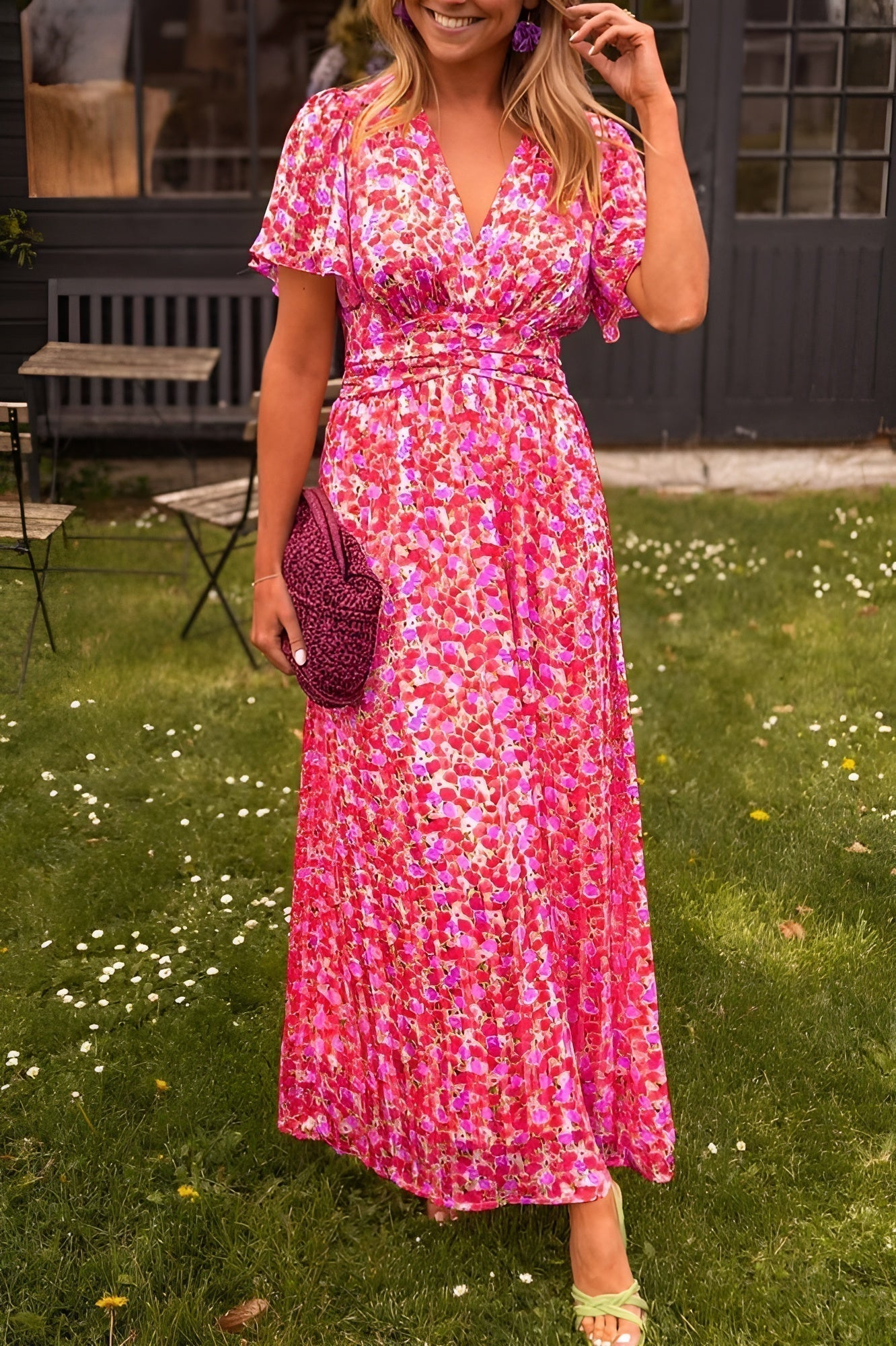 Women Pleated V-Neck Maxi Dress | Danira