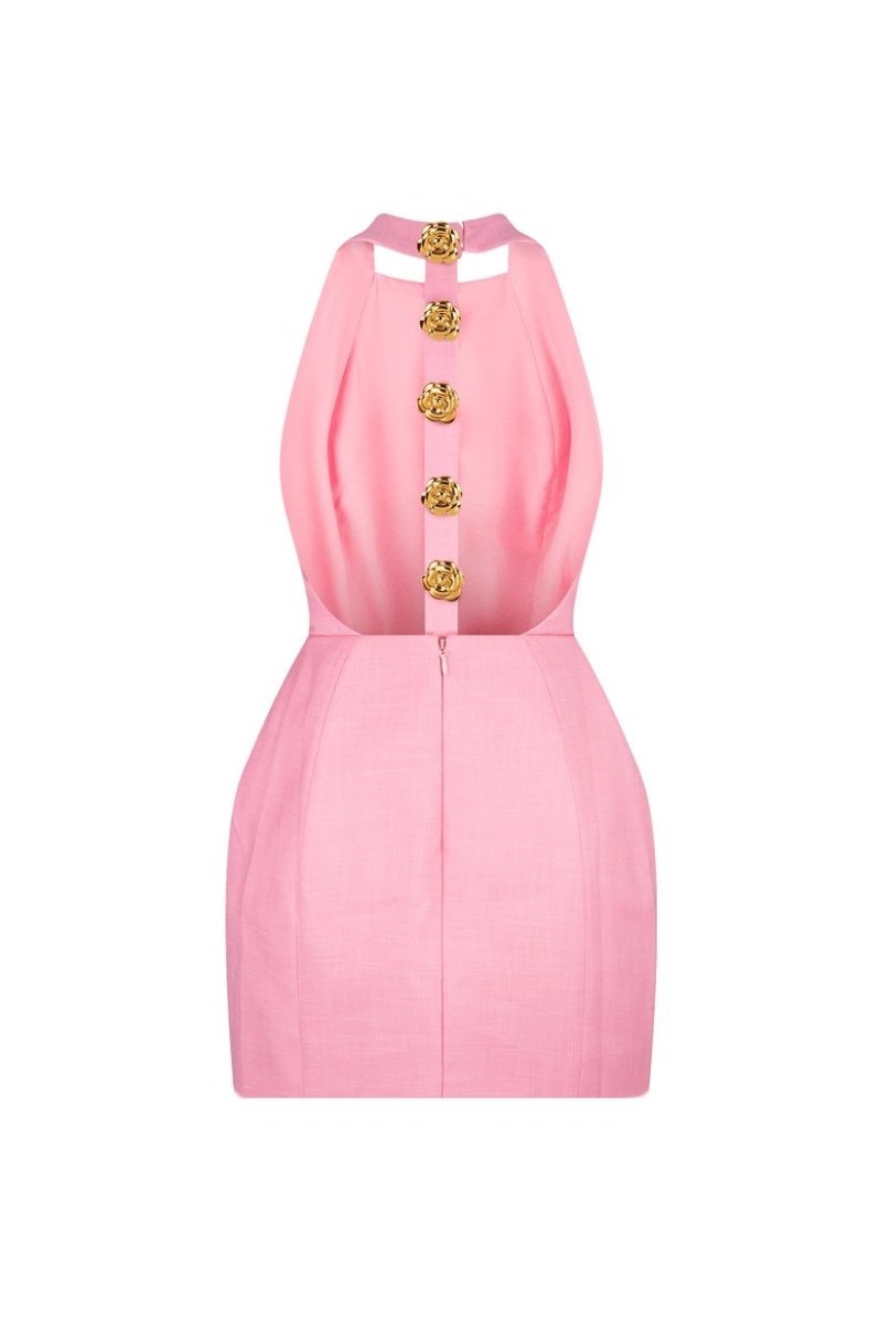 Women Halter Neck Gold Button Mini Dress | Kylie