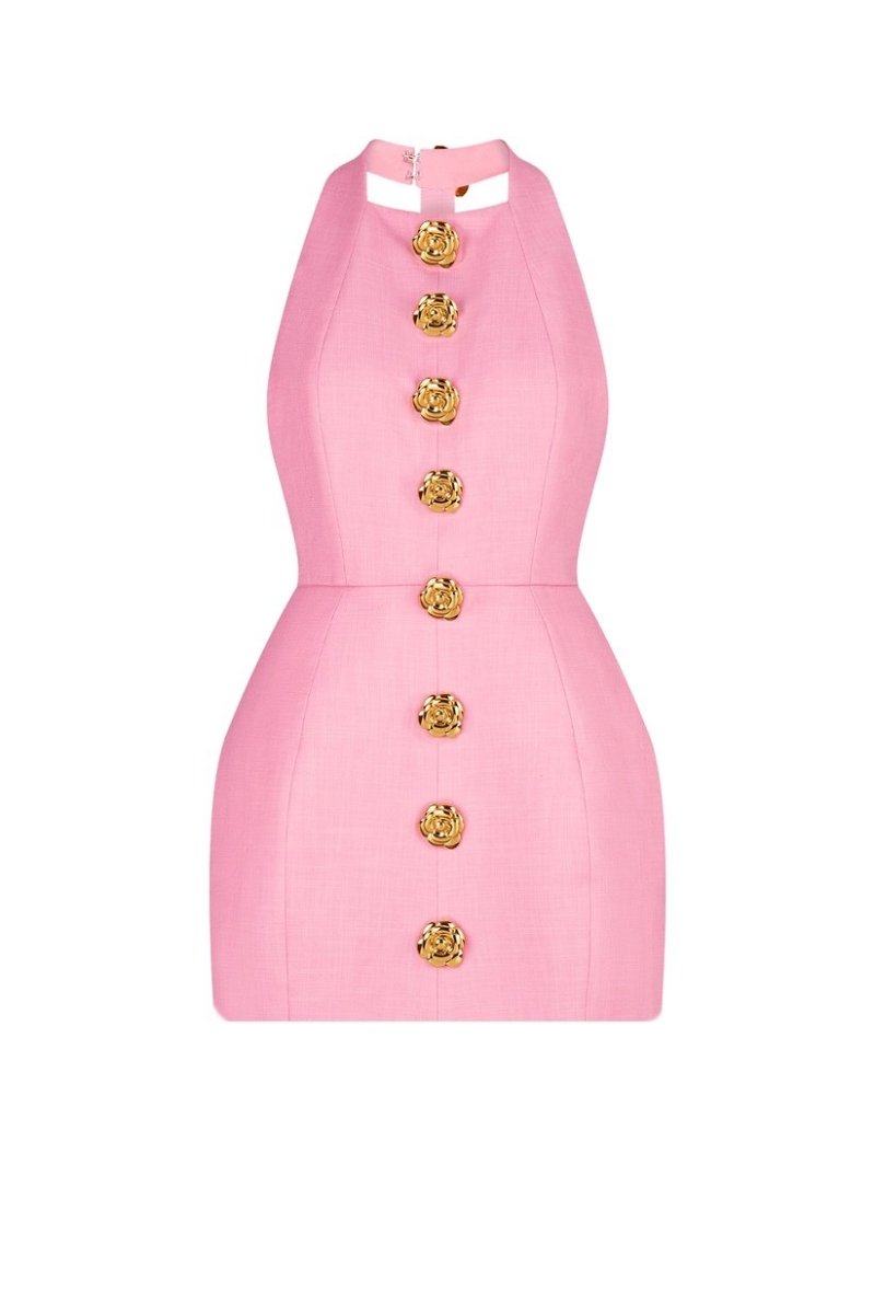 Women Halter Neck Gold Button Mini Dress | Kylie