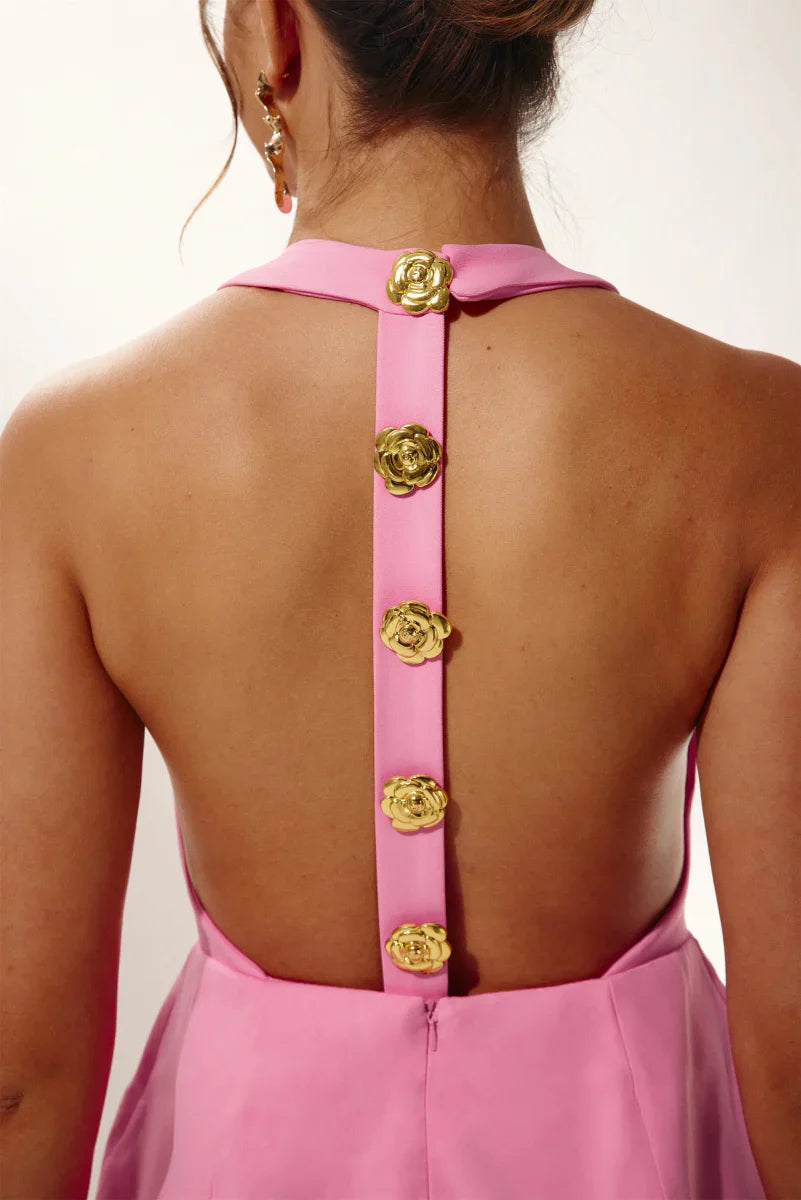 Women Halter Neck Gold Button Mini Dress | Kylie