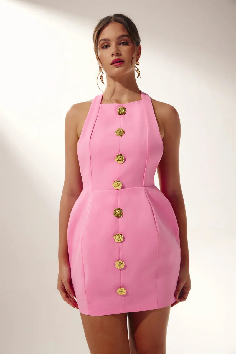 Women Halter Neck Gold Button Mini Dress | Kylie