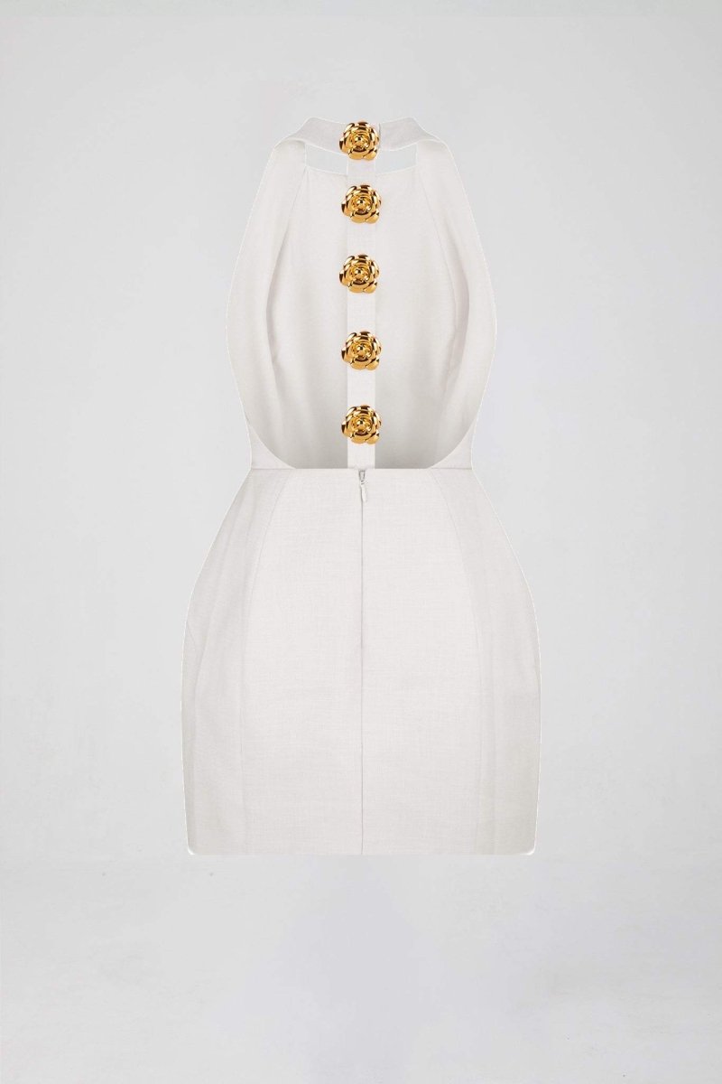 Women Halter Neck Gold Button Mini Dress | Kylie